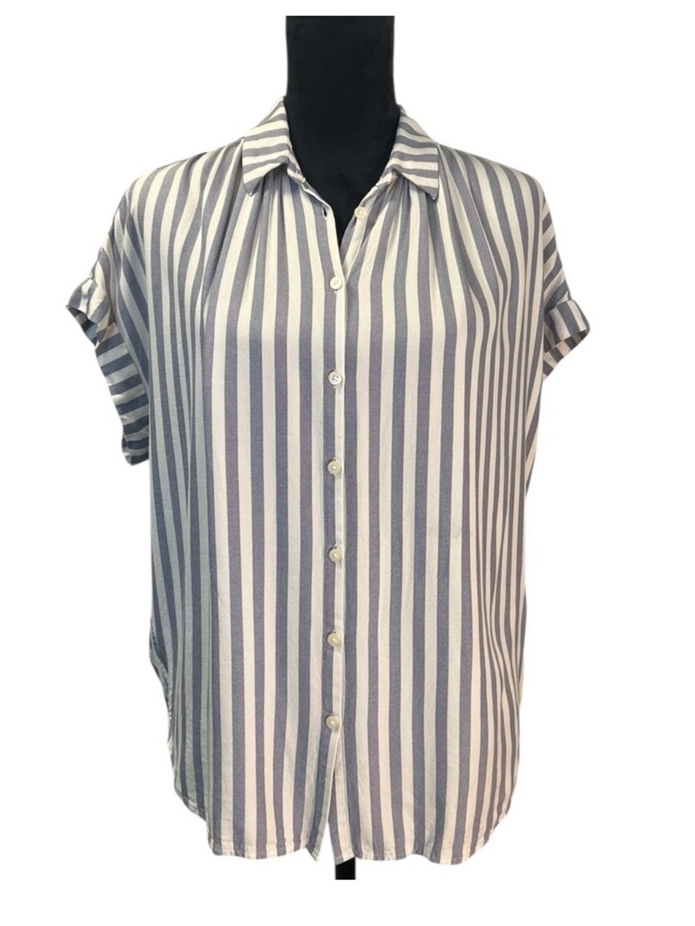 Madewell Women's Striped Button Down Shirt Blue and White Size M